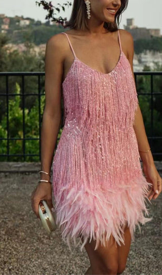 PINK TASSEL FEATHER MINI DRESS