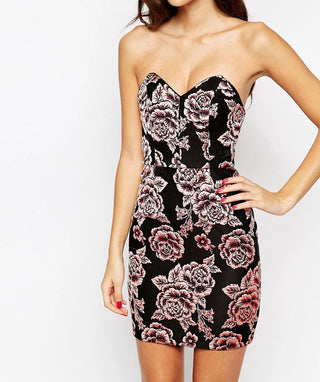 jacquard flower strapless mini dress