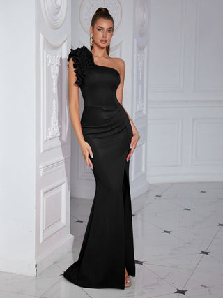 Floral One Shoulder Ruched Split Prom Dress