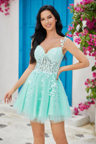 Unique A Line Spaghetti Straps Mint Short Homecoming Dress with Appliques