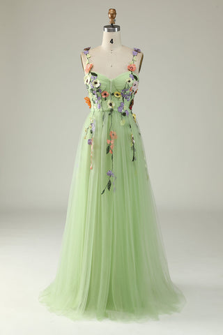 3D Flowers A Line Spaghetti Straps Green Prom Dress