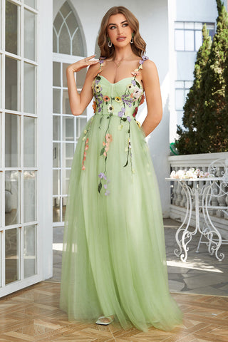 3D Flowers A Line Spaghetti Straps Green Prom Dress