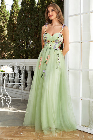 3D Flowers A Line Spaghetti Straps Green Prom Dress