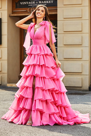 Princess A-Line V-Neck Fuchsia Tiered Prom Dress With Slit