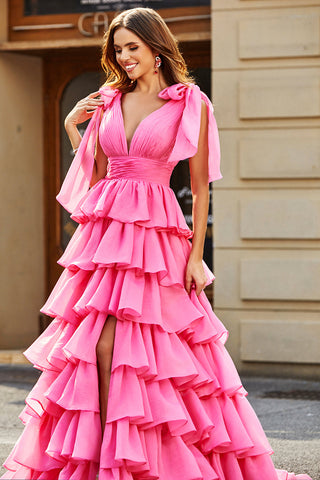 Princess A-Line V-Neck Fuchsia Tiered Prom Dress With Slit