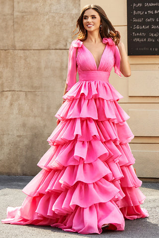 Princess A-Line V-Neck Fuchsia Tiered Prom Dress With Slit