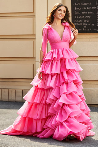 Princess A-Line V-Neck Fuchsia Tiered Prom Dress With Slit