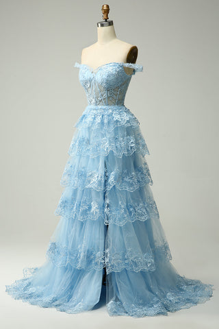 Princess A Line Off the Shoulder Blue Long Prom Dress with Appliques