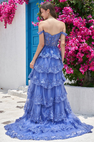 Princess A Line Off the Shoulder Blue Long Prom Dress with Appliques