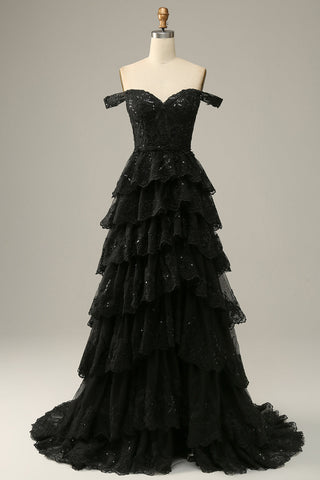 Long Off The Shoulder Black Tiered Prom Dress