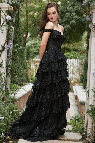 Long Off The Shoulder Black Tiered Prom Dress