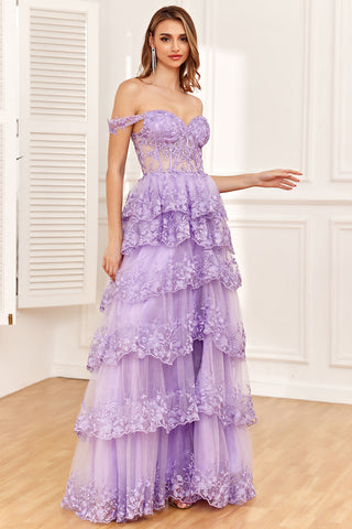 Off the Shoulder Purple Corset Prom Dress with Slit