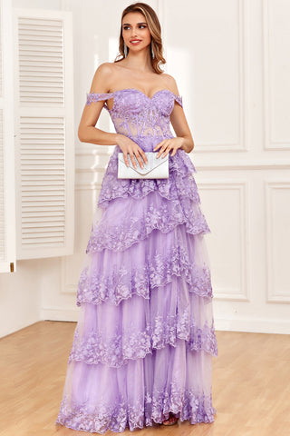 Off the Shoulder Purple Corset Prom Dress with Slit