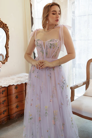 Lavender Tulle A Line Corset Plus Size Prom Dress with Embroidered