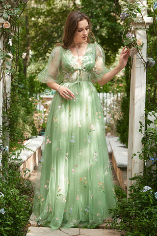 A-Line V-Neck Embroidery Green Long Prom Dress with Short Sleeves