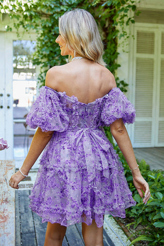 A Line Off Shoulder Fuchsia Tulle Short Homecoming Dress with Short Sleeves