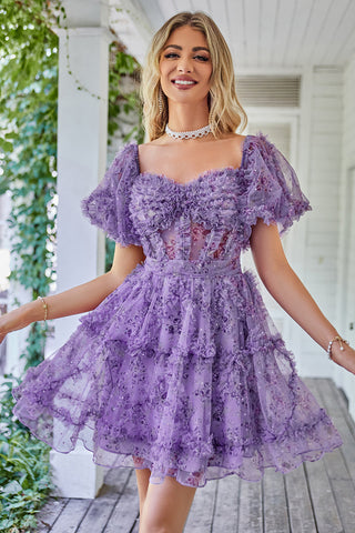 A Line Off Shoulder Fuchsia Tulle Short Homecoming Dress with Short Sleeves