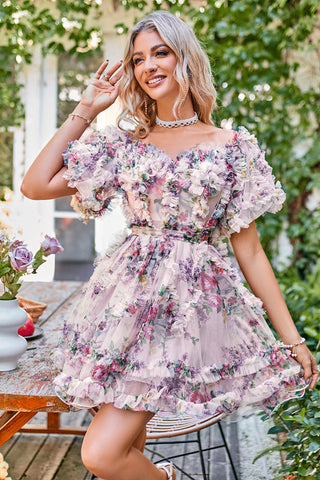 A Line Off Shoulder Fuchsia Tulle Short Homecoming Dress with Short Sleeves