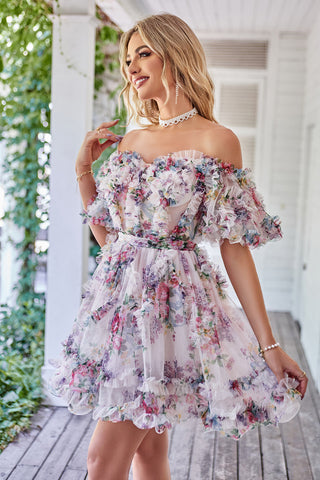 Off the Shoulder A Line Printed Cute Homecoming Dress