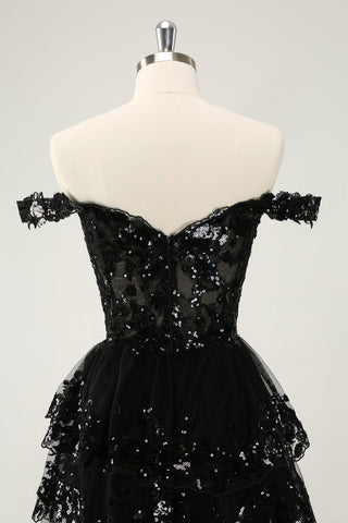 Sparkly Black A Line Off The Shoulder Corset Tiered Lace Short Homecoming Dress