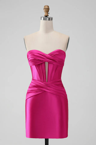 Satin Fuchsia Strapless Bodycon Homecoming Dress With Hollow