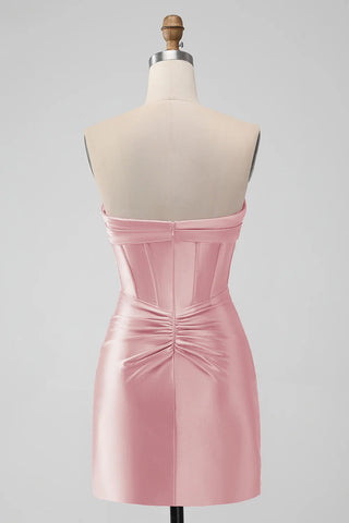 Satin Fuchsia Strapless Bodycon Homecoming Dress With Hollow