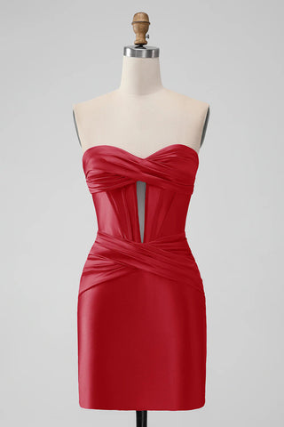 Satin Fuchsia Strapless Bodycon Homecoming Dress With Hollow