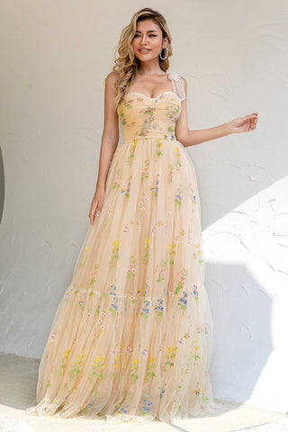 A Line Spaghetti Straps Champagne Prom Dress with Appliques