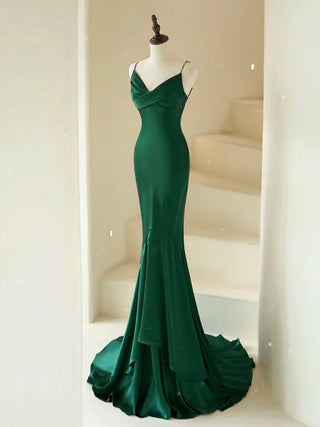 Mermaid V Neck Satin Green Prom Dress