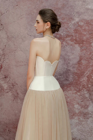 two-tone Hollow tube top tulle midi dress