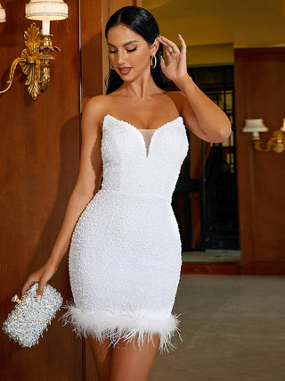 Sleeveless Feather White Mini Dress