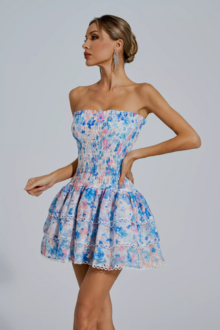 BLUE FLORAL RUCHED STRAPLESS MINI DRESS