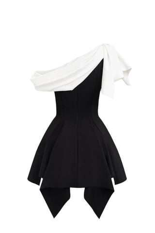 BOW ONE-SHOULDER MINI DRESS IN BLACK
