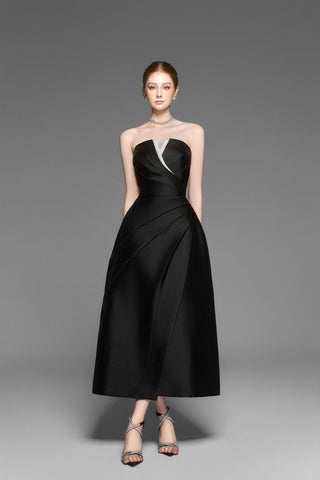 Almira Strapless Pleated Chest Taffeta Midi Dress