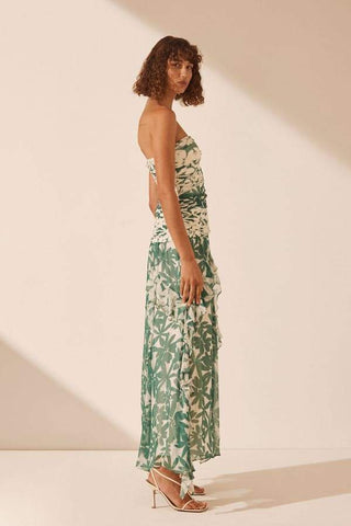 Antonia Printed Strapless Gathered Maxi Dress