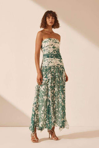 Antonia Printed Strapless Gathered Maxi Dress