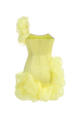 One shoulder ruffle mini dress in yellow