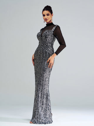 Stand Collar Sequin Panel Long Sleeve Prom Dress