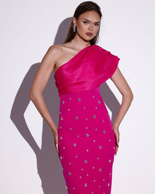 one-shoulder crystal-embellished Bandage maxi dress in rose red