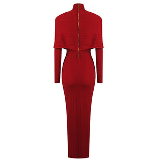 long sleeve pleated knit maxi dress in red