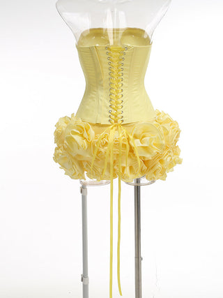 amy flower embellished mini skirt corset set in yellow
