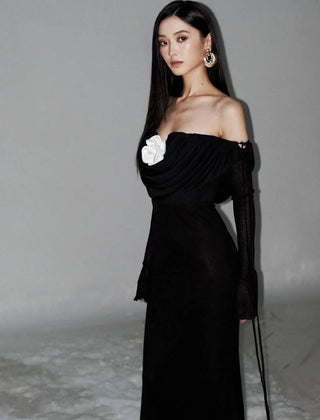 lila flower embellished pleated strapless maxi dress in black