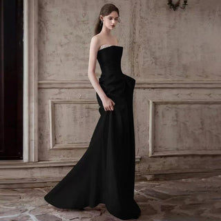 Mermaid Ruched Strapless Beading Black Prom Dress