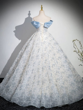 A-Line Off Shoulder Tulle Lace Blue Dress