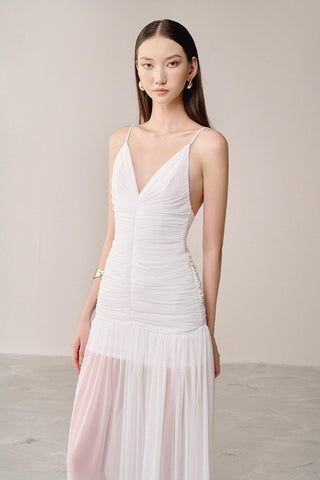 belen Drop Waist Spaghetti Strap Organza Maxi Dress in white