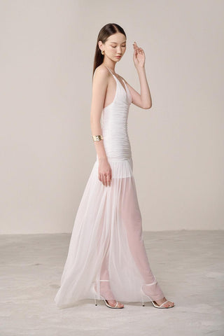 belen Drop Waist Spaghetti Strap Organza Maxi Dress in white