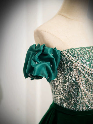 A-Line Velvet Sequin Beads Green Dress