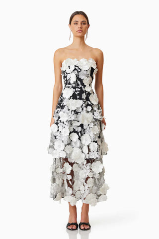 Selene 3D flower Tiered Maxi Dress In Black