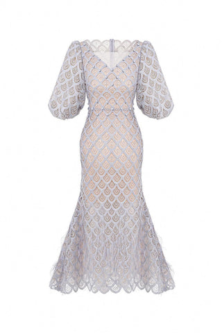 Ciara Trumpet Bishop Sleeved Lace Midi Dress