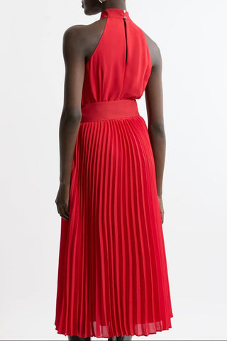 Georgette Belted Pleat Halter Woven Midi Dress